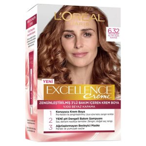 کیت رنگ مو لورآل قهوه ای روشن با تناژ طلایی سری EXCELLENCE شماره 6.32